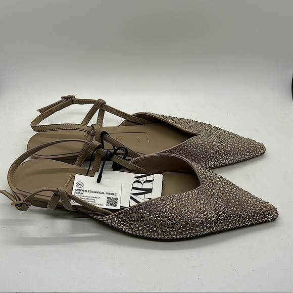 Zara NWT Tan Glittery Rhinestones Pointed Toe Flats Shoes **Size 36/US 6** 🌸🌸 - Picture 3 of 6